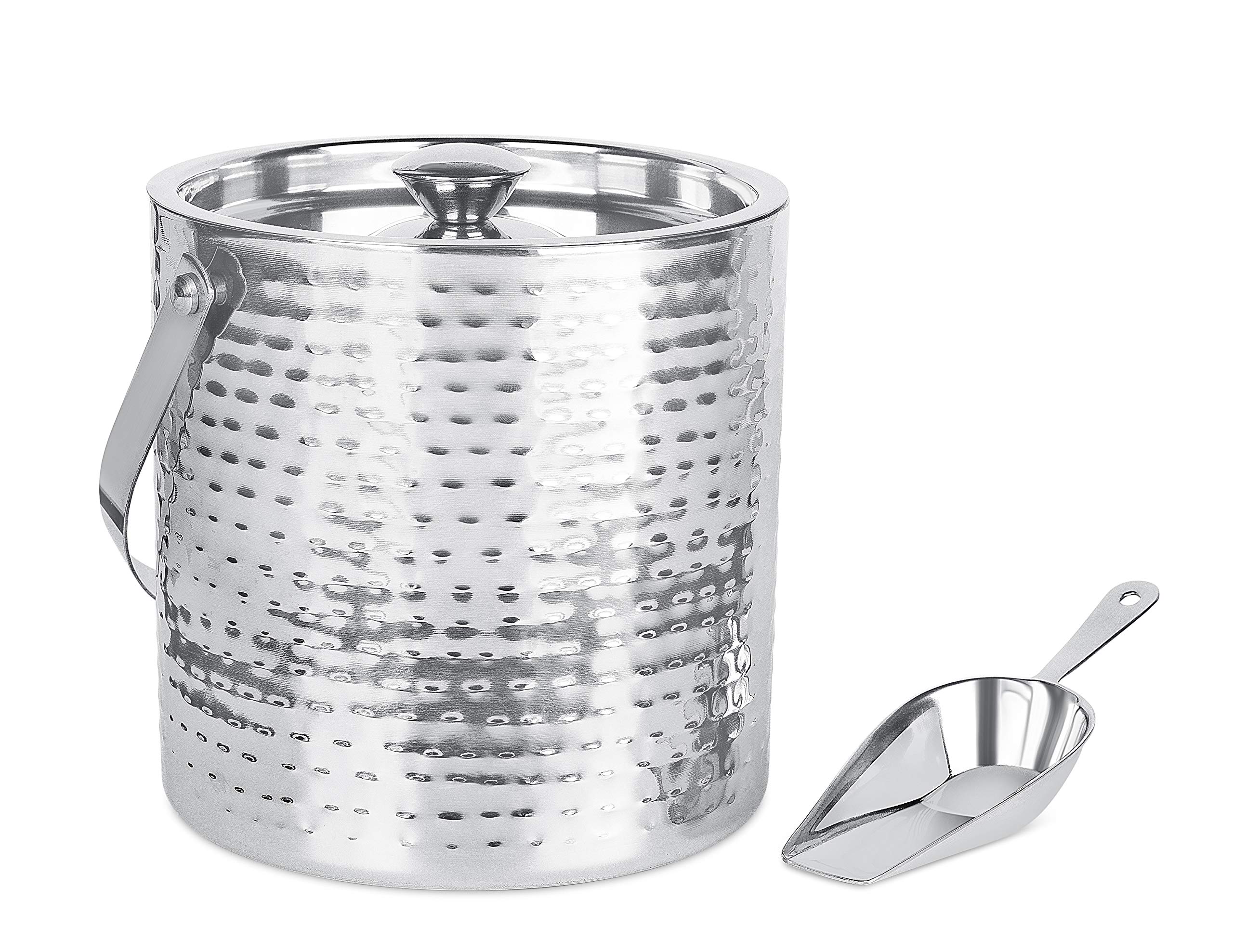 BirdRock Home Ice Bucket with Scoop & Lid - 2.8 Liter Hammered 18/8 Stainless Steel Container for Bar - Double Wall Insulated Bucket with Carrying Handle - Great for Parties - (Silver)