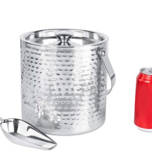 BirdRock Home Ice Bucket with Scoop & Lid - 2.8 Liter Hammered 18/8 Stainless Steel Container for Bar - Double Wall Insulated Bucket with Carrying Handle - Great for Parties - (Silver)