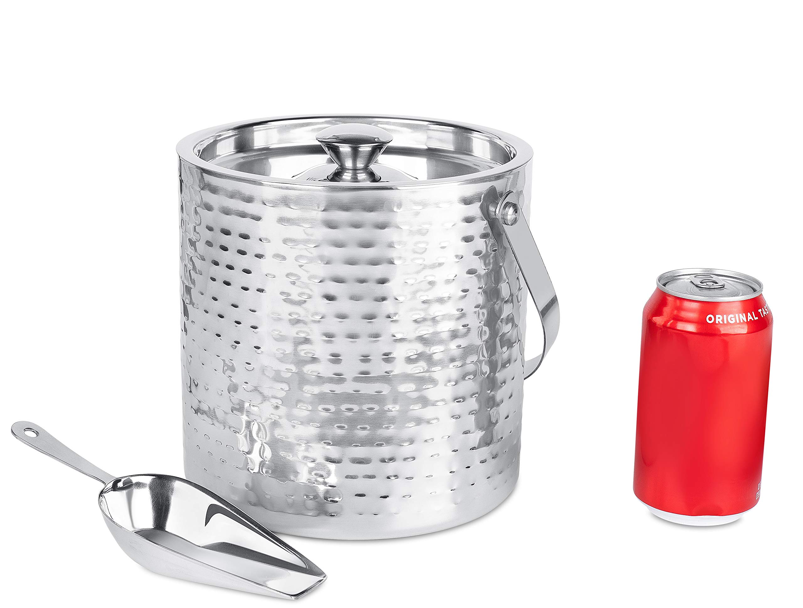 BirdRock Home Ice Bucket with Scoop & Lid - 2.8 Liter Hammered 18/8 Stainless Steel Container for Bar - Double Wall Insulated Bucket with Carrying Handle - Great for Parties - (Silver)