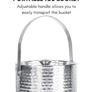 BirdRock Home Ice Bucket with Scoop & Lid - 2.8 Liter Hammered 18/8 Stainless Steel Container for Bar - Double Wall Insulated Bucket with Carrying Handle - Great for Parties - (Silver)