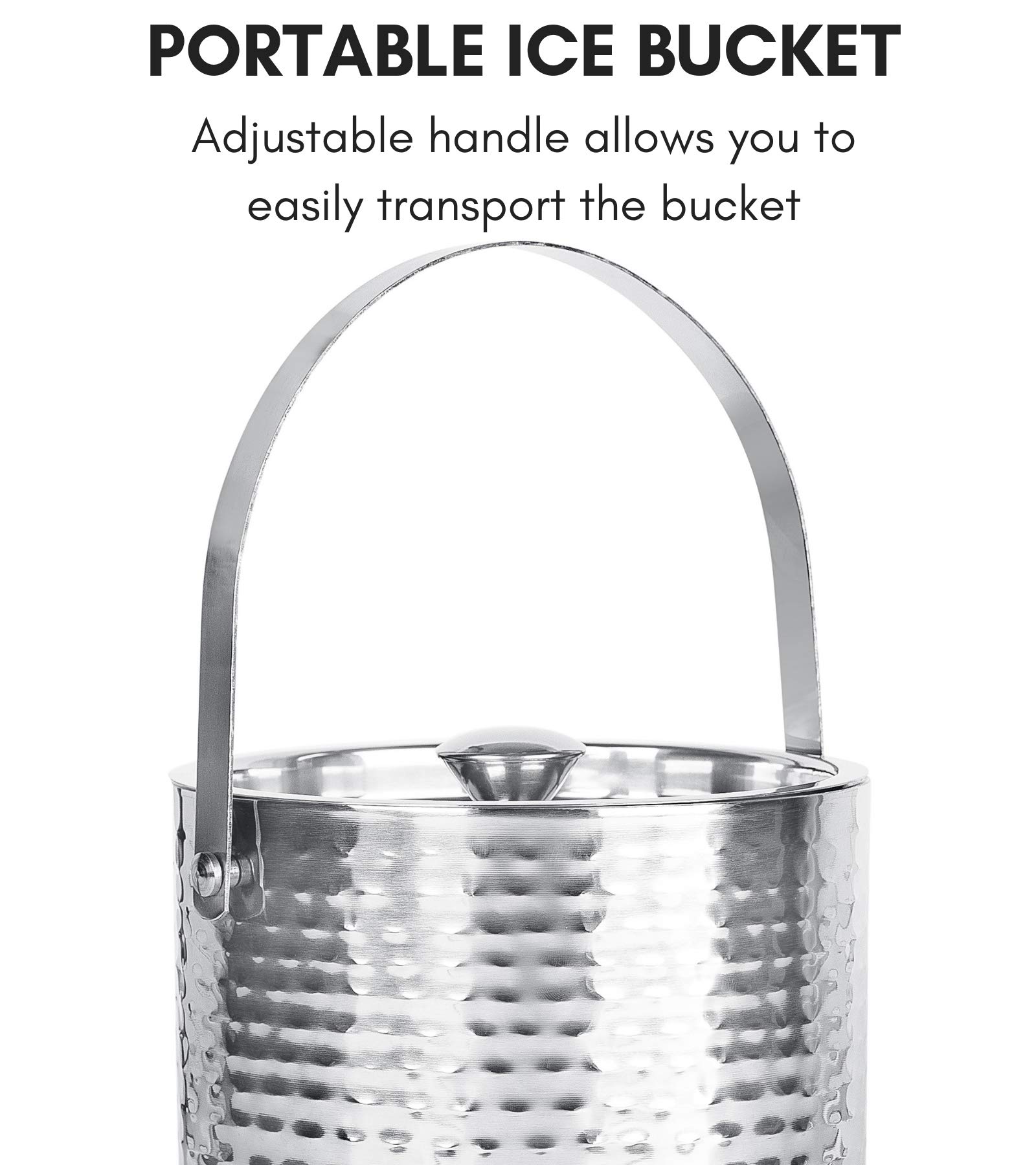 BirdRock Home Ice Bucket with Scoop & Lid - 2.8 Liter Hammered 18/8 Stainless Steel Container for Bar - Double Wall Insulated Bucket with Carrying Handle - Great for Parties - (Silver)