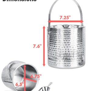 BirdRock Home Ice Bucket with Scoop & Lid - 2.8 Liter Hammered 18/8 Stainless Steel Container for Bar - Double Wall Insulated Bucket with Carrying Handle - Great for Parties - (Silver)