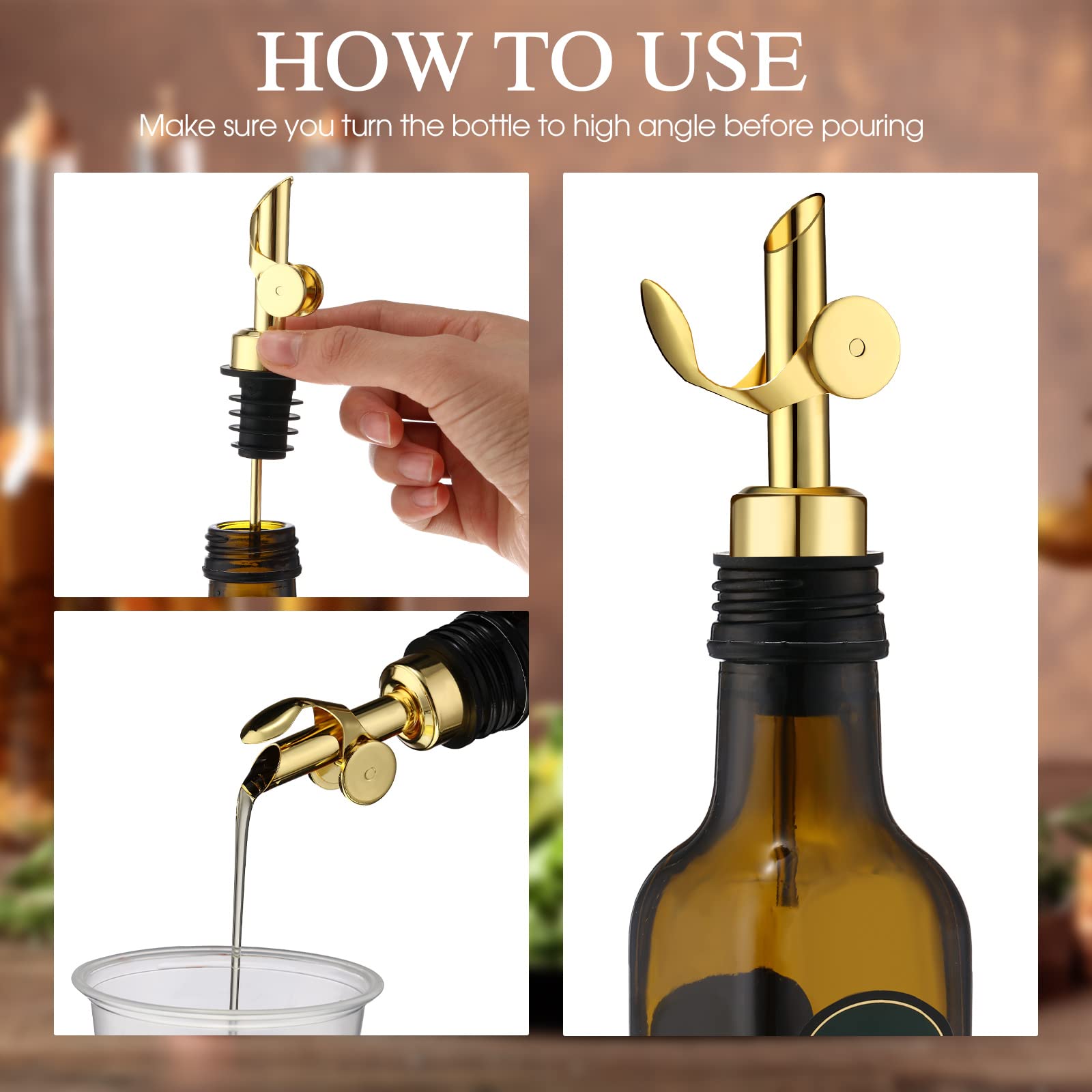 6 Pcs Weighted Stainless Steel Liquor Bottle Pourers Auto Flip Olive Oil Dispenser Spout Balsamic Alcohol Pourer Spouts (Gold)