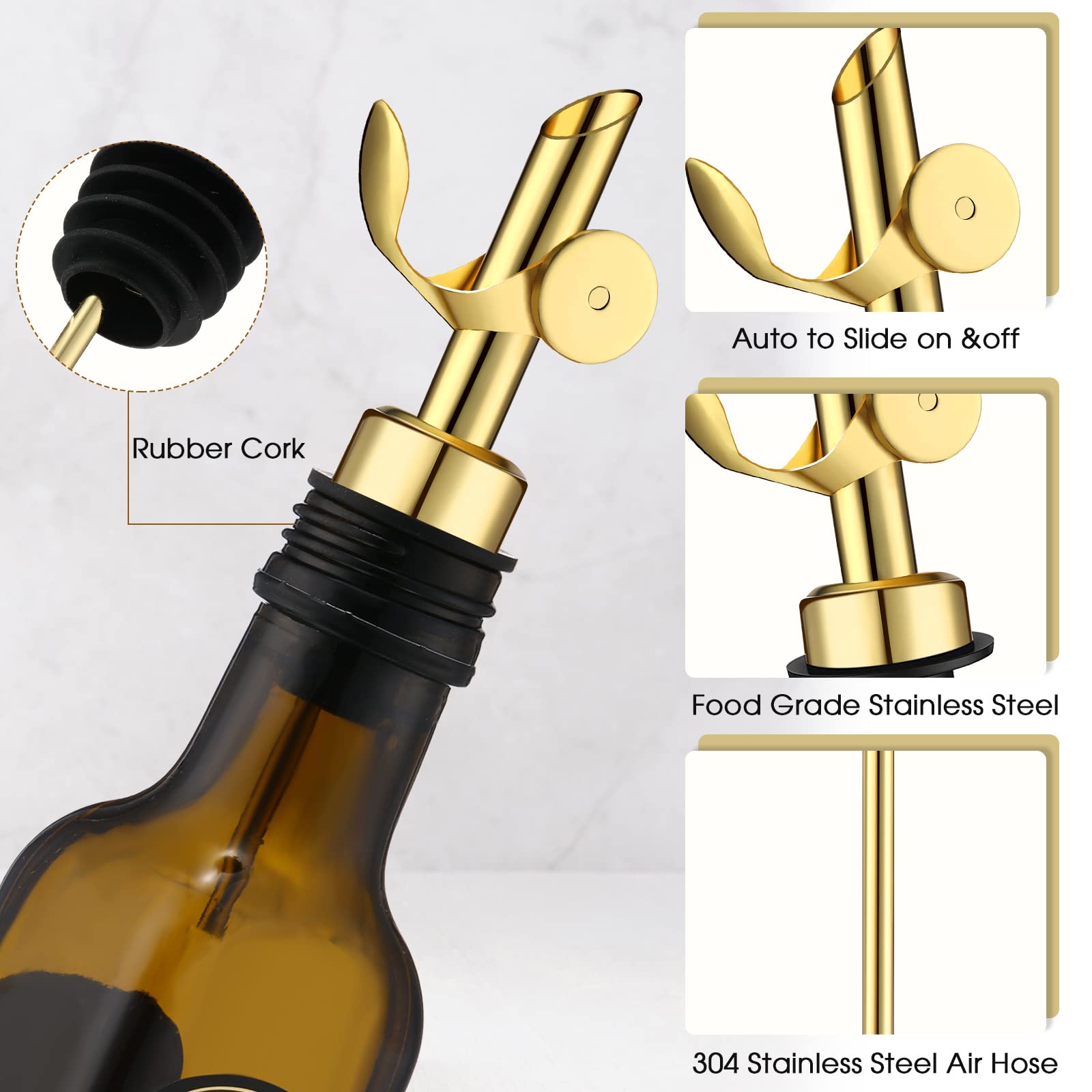 6 Pcs Weighted Stainless Steel Liquor Bottle Pourers Auto Flip Olive Oil Dispenser Spout Balsamic Alcohol Pourer Spouts (Gold)