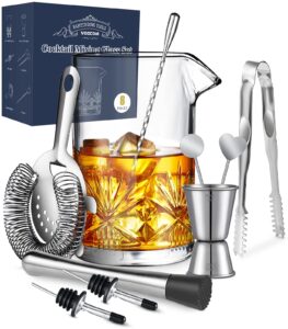 cocktail mixing glass, veecom 18oz mixing glass 10 piece old fashioned kit, cocktail mixing glass set bartender kit with cocktail strainer, muddler, spoon, jigger, ice tongs, picks, pourers, bar set