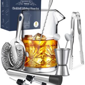 Cocktail Mixing Glass, veecom 18oz Mixing Glass 10 Piece Old Fashioned Kit, Cocktail Mixing Glass Set Bartender Kit with Cocktail Strainer, Muddler, Spoon, Jigger, Ice Tongs, Picks, Pourers, Bar Set