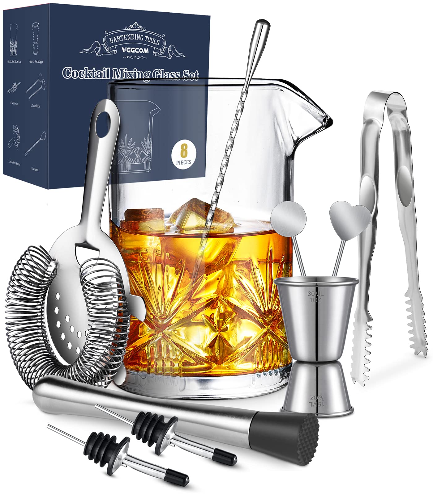 Cocktail Mixing Glass, veecom 18oz Mixing Glass 10 Piece Old Fashioned Kit, Cocktail Mixing Glass Set Bartender Kit with Cocktail Strainer, Muddler, Spoon, Jigger, Ice Tongs, Picks, Pourers, Bar Set