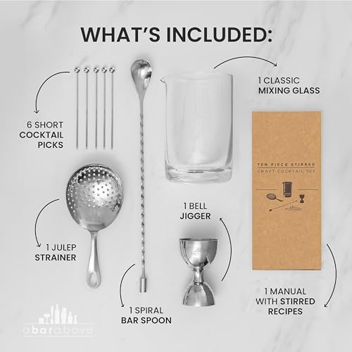 A Bar Above 10-Piece Premium Stir Gift Set - Cocktail Mixing Glass Gifts Set - Stirred Home Bar Kit Great for Martinis, Old Fashioned, Manhattans, & More - Perfect Valentines Day Gifts for Him & Her
