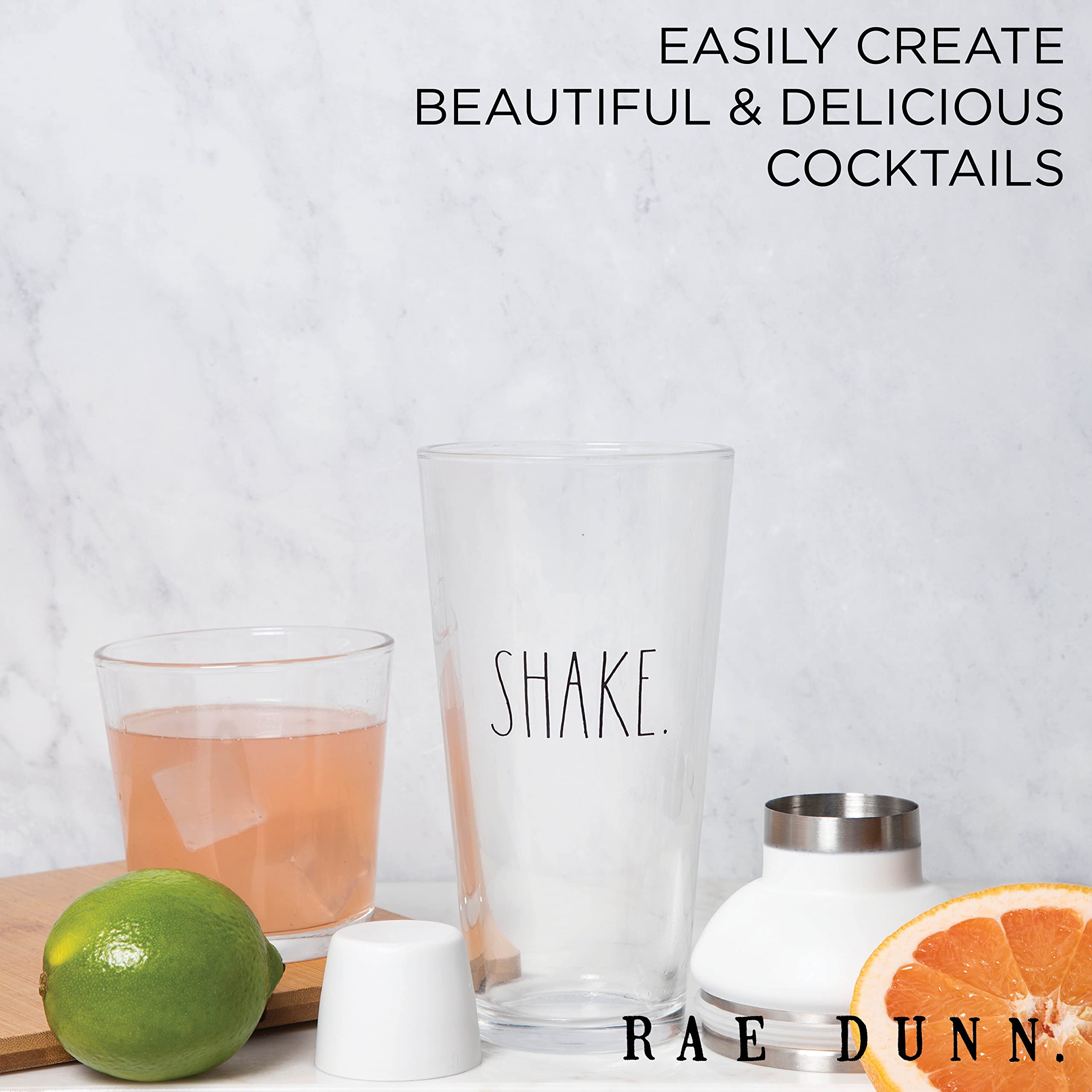 Rae Dunn Glass Cocktail Shaker - Martini Shaker for Drinks - 23 OZ Capacity Glass Margarita Shaker for at Home Bar, Entertaining and Parties (White)