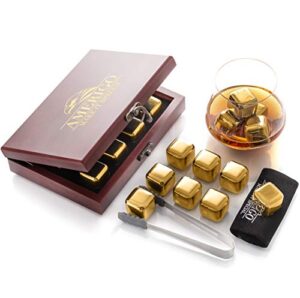 𝗕𝗘𝗦𝗧 𝗚𝗜𝗙𝗧: amerigo gold stainless steel whiskey stones gift set in beautiful wooden box - reusable ice cubes for drinks - bar accessories - whisky gifts for men - chilling rocks + ice tongs
