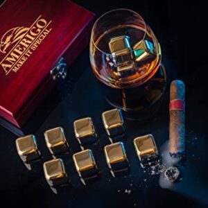 𝗕𝗘𝗦𝗧 𝗚𝗜𝗙𝗧: Amerigo Gold Stainless Steel Whiskey Stones Gift Set in Beautiful Wooden Box - Reusable Ice Cubes for Drinks - Bar Accessories - Whisky Gifts for Men - Chilling Rocks + Ice Tongs