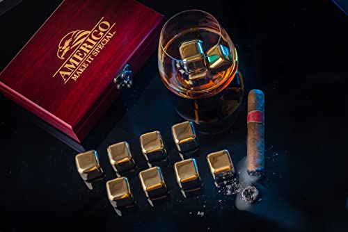 𝗕𝗘𝗦𝗧 𝗚𝗜𝗙𝗧: Amerigo Gold Stainless Steel Whiskey Stones Gift Set in Beautiful Wooden Box - Reusable Ice Cubes for Drinks - Bar Accessories - Whisky Gifts for Men - Chilling Rocks + Ice Tongs