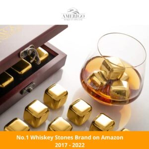 𝗕𝗘𝗦𝗧 𝗚𝗜𝗙𝗧: Amerigo Gold Stainless Steel Whiskey Stones Gift Set in Beautiful Wooden Box - Reusable Ice Cubes for Drinks - Bar Accessories - Whisky Gifts for Men - Chilling Rocks + Ice Tongs