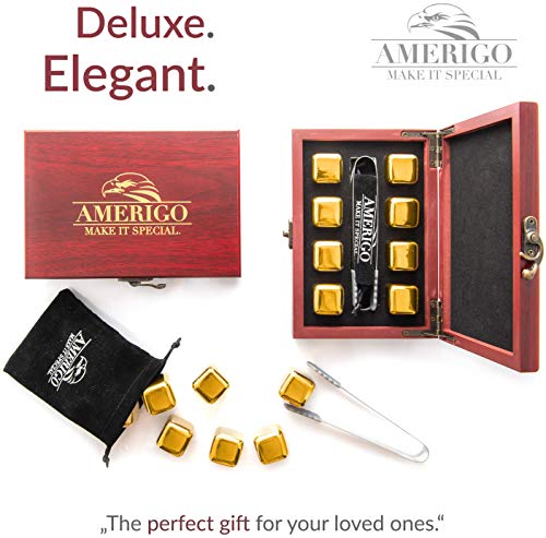 𝗕𝗘𝗦𝗧 𝗚𝗜𝗙𝗧: Amerigo Gold Stainless Steel Whiskey Stones Gift Set in Beautiful Wooden Box - Reusable Ice Cubes for Drinks - Bar Accessories - Whisky Gifts for Men - Chilling Rocks + Ice Tongs