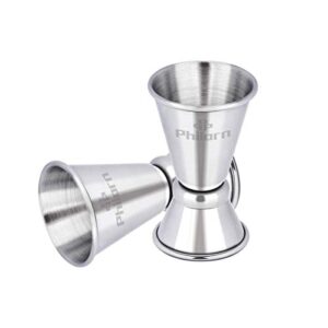 philorn 2 set double jigger 0.5 & 1 oz 304 stainless steel with recipe 15ml & 30ml measuring cup measure liquor quickly accurately cocktail jigger round edge and thin waist for comfort holding