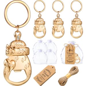 boy baby shower party favor, includes 15 pieces baby bottle opener keychain, organza bags, thank you tags, baby shower return gifts for guests cute bottle opener decorations and souvenirs