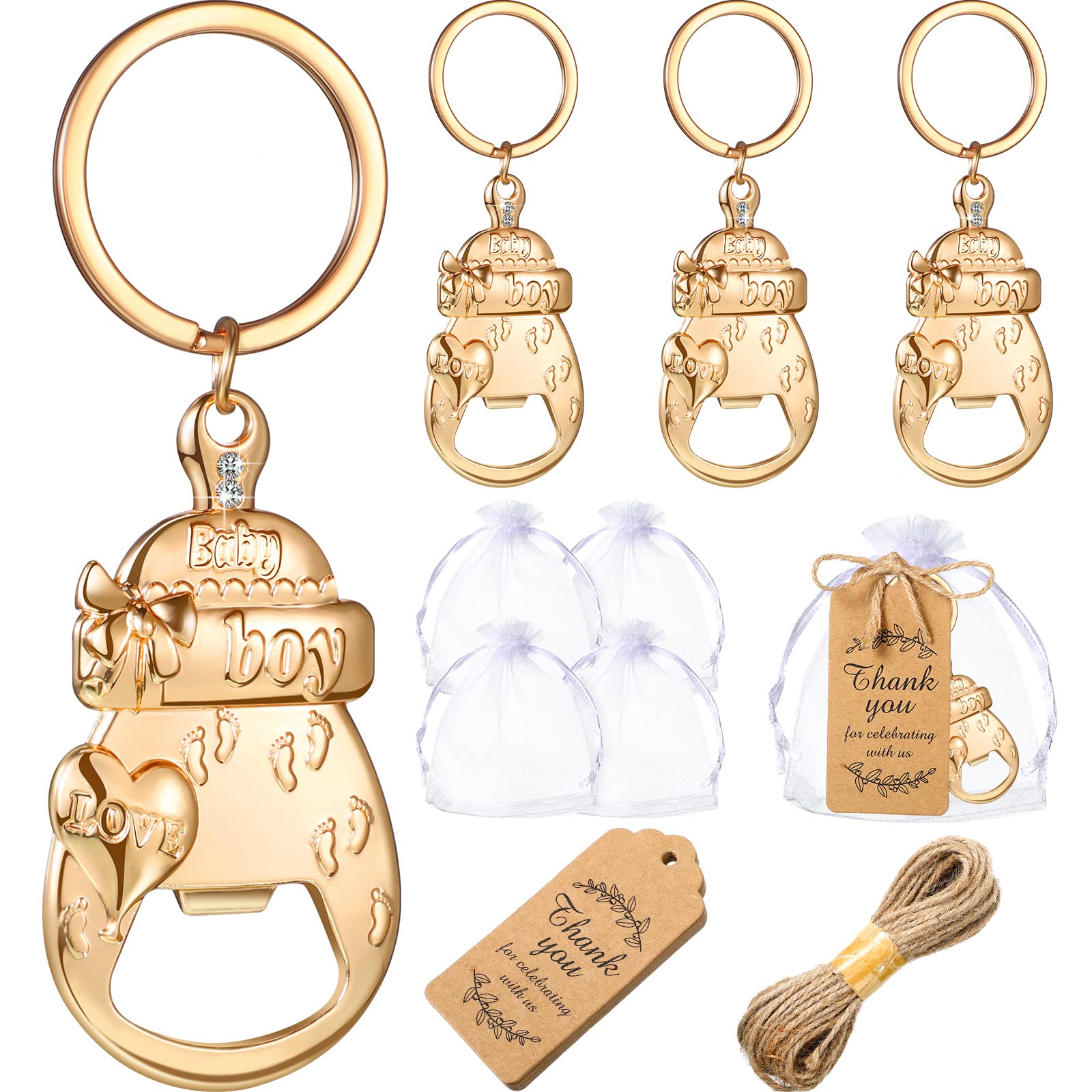 Boy Baby Shower Party Favor, Includes 15 Pieces Baby Bottle Opener Keychain, Organza Bags, Thank You Tags, Baby Shower Return Gifts for Guests Cute Bottle Opener Decorations and Souvenirs