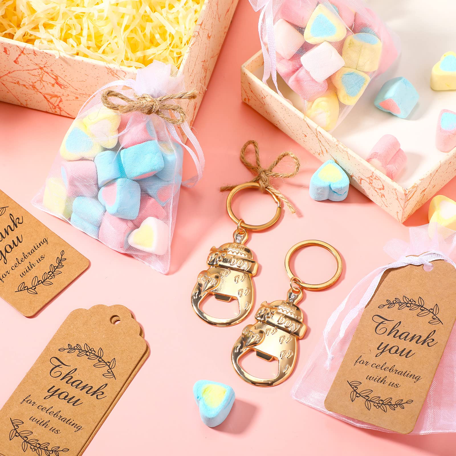 Boy Baby Shower Party Favor, Includes 15 Pieces Baby Bottle Opener Keychain, Organza Bags, Thank You Tags, Baby Shower Return Gifts for Guests Cute Bottle Opener Decorations and Souvenirs