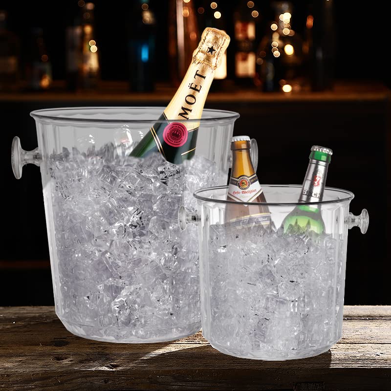 Hacaroa 2 Pack Plastic Ice Bucket with Handles, 1.6L / 3.5L Clear Wine Bucket Round Beverage Tub, Portable Beer Bottle Drink Cooler Large Champagne Chiller Bin for Party, Bar, Home