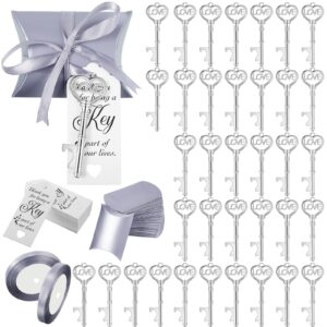 100 sets wedding favors bulk love skeleton key bottle opener vintage wedding souvenir gift with thank you tag pillow box and satin ribbon for guests birthday party decoration, silver