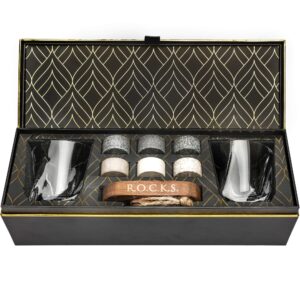 whiskey chilling stones gift set - 6 handcrafted premium granite round sipping rocks - 2 crystal superior glasses - hardwood presentation & storage tray - elegant gold foil gift box by r.o.c.k.s.