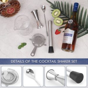 JNWINOG 5PCS Crystal Cocktail Mixing Glass Set 18.6oz Bartender kit Cocktail Mixing Set Glass with Spoon, 1/2oz Jigger, Strainer and Muddler for Home Bar Party