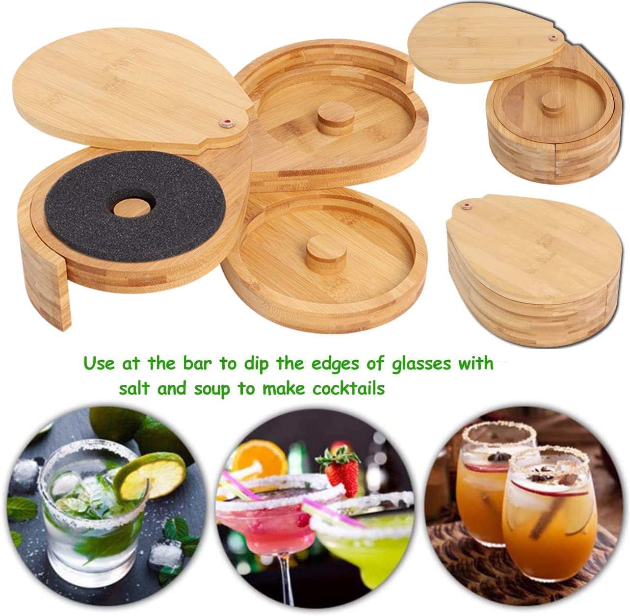 Margarita Salt Rimmer Set Bamboo, 3 Tier Bar Glass Rimmer with Lid and 6 Sponges for Cocktails, Bar Salt and Sugar Margarita for 𝑩𝒂𝒓 𝒂𝒏𝒅 𝒉𝒐𝒖𝒔𝒆 𝒑𝒂𝒓𝒕𝒚, Bloody Mary, Manhattan Drinks