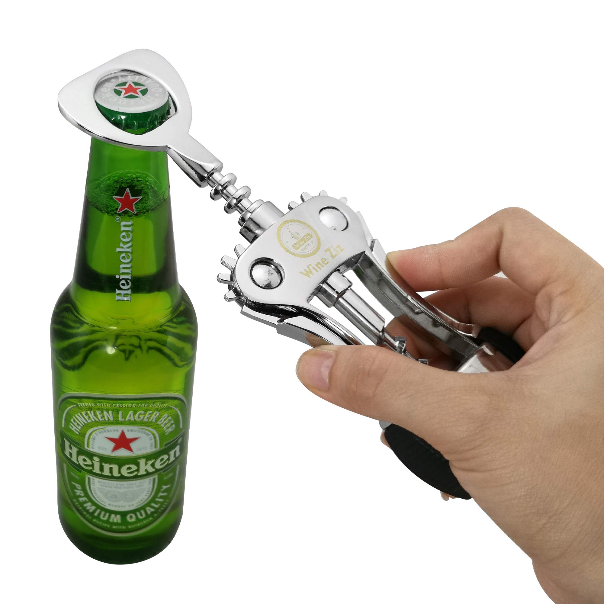 Wine Ziz Large Silver Wing Corkscrew Bottle Opener with Foil Cutter | Sturdy Metal Wine Cork Screw | Built-In Beer Cap Openers Accessories | Best Housewarming Kitchen Gift for Women and Men