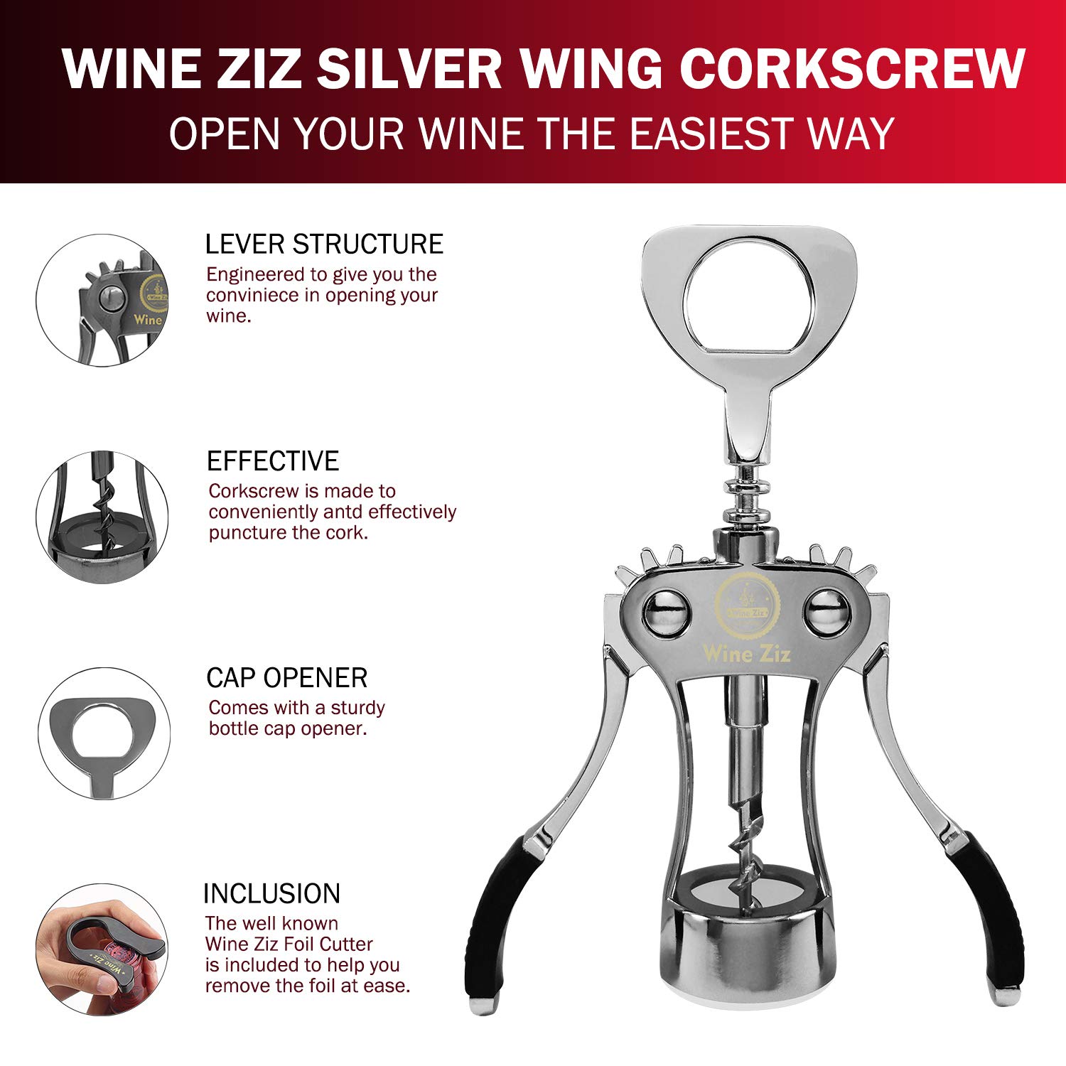 Wine Ziz Large Silver Wing Corkscrew Bottle Opener with Foil Cutter | Sturdy Metal Wine Cork Screw | Built-In Beer Cap Openers Accessories | Best Housewarming Kitchen Gift for Women and Men