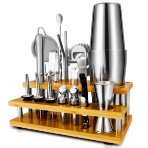 cocktail shakers set complete 24-piece bartender kit silver with bar tool stand and barware tools set for home bartending: includes boston shaker, jigger, strainer, mixer spoon, muddler, and more