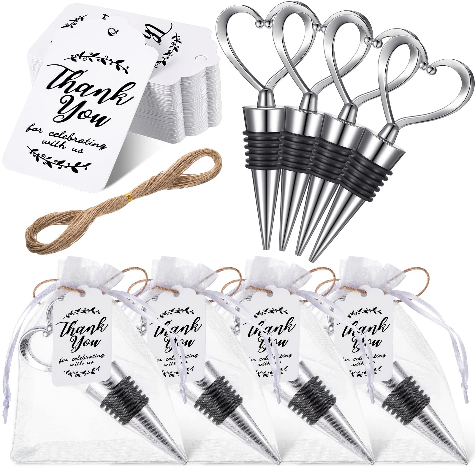 30 Pcs Heart Shape Wine Stoppers Love Wine Bottle Stopper silver Champagne Beer Bottle Stopper 50 Pcs White Kraft Labels 30 Pcs Sheer Bags with String for Wedding Gift Valentine's Day Decorations