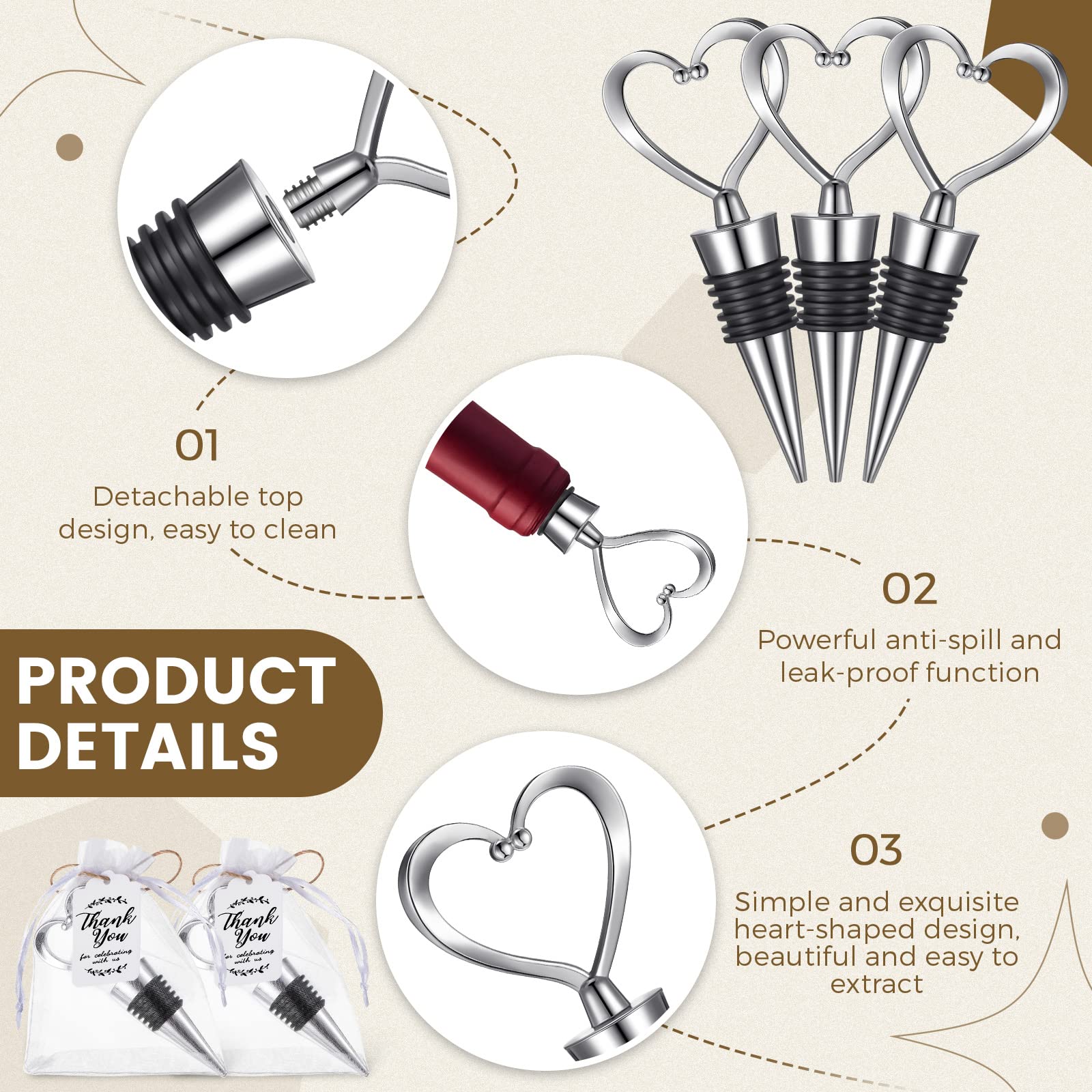 30 Pcs Heart Shape Wine Stoppers Love Wine Bottle Stopper silver Champagne Beer Bottle Stopper 50 Pcs White Kraft Labels 30 Pcs Sheer Bags with String for Wedding Gift Valentine's Day Decorations