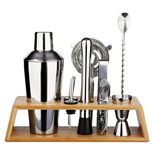 Arora 10Pcs Bartender Kit Bar Set, 24OZ Silver Cocktail Shaker Set with Stainless Steel Bartending Accessories for Home & Bamboo Stand, Ideal Drinking Mixers Gift Set for Martini Margarita