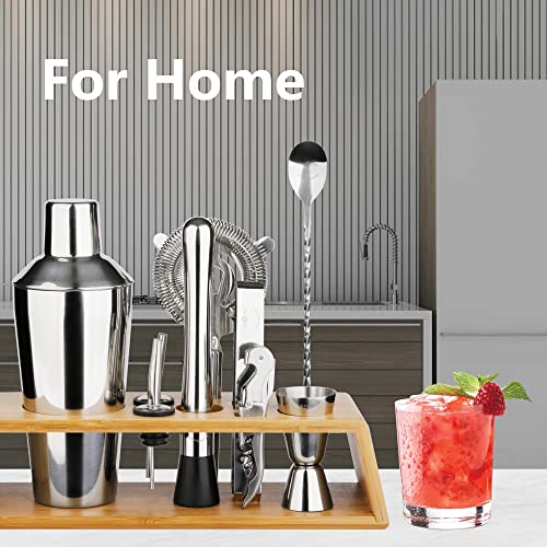 Arora 10Pcs Bartender Kit Bar Set, 24OZ Silver Cocktail Shaker Set with Stainless Steel Bartending Accessories for Home & Bamboo Stand, Ideal Drinking Mixers Gift Set for Martini Margarita