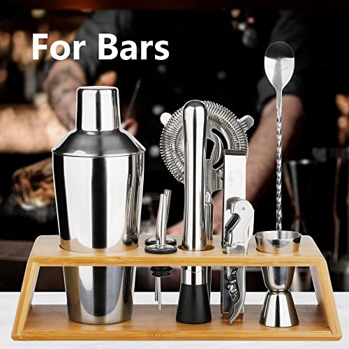 Arora 10Pcs Bartender Kit Bar Set, 24OZ Silver Cocktail Shaker Set with Stainless Steel Bartending Accessories for Home & Bamboo Stand, Ideal Drinking Mixers Gift Set for Martini Margarita