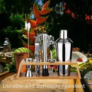 Arora 10Pcs Bartender Kit Bar Set, 24OZ Silver Cocktail Shaker Set with Stainless Steel Bartending Accessories for Home & Bamboo Stand, Ideal Drinking Mixers Gift Set for Martini Margarita