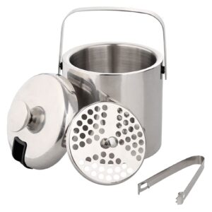 solid stainless steel ice bucket for cocktail bar, with strainer airtight lid and tongs, well made insulated stainless steel double wall keep ice frozen longer, portable and mini (1.3l)