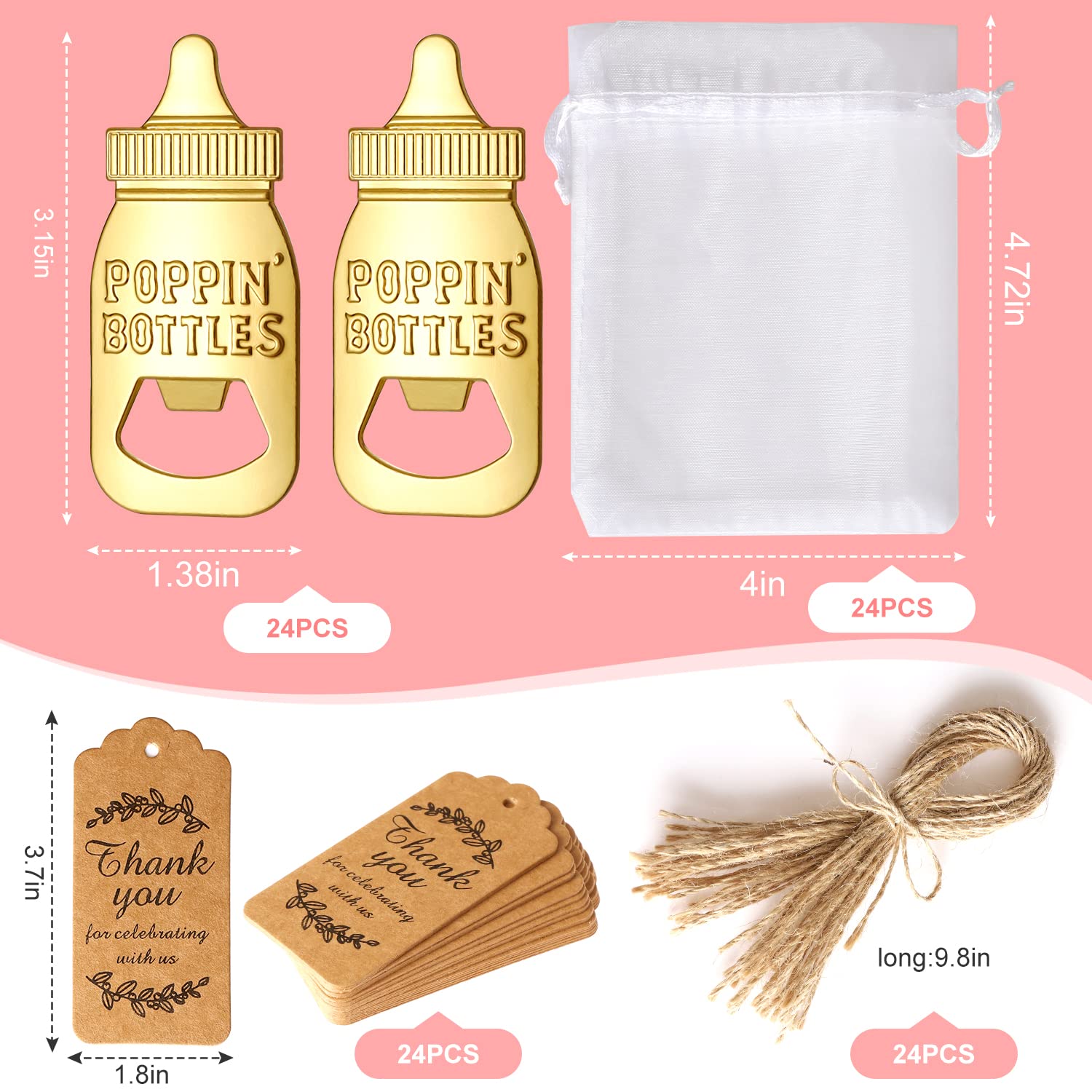 Popping Bottle Openers Baby Shower for Guests, 24PCS Cute Bottle Opener Souvenirs with Organza Bags and Thank You Tags for Theme Wedding Kids Birthday Party Favors