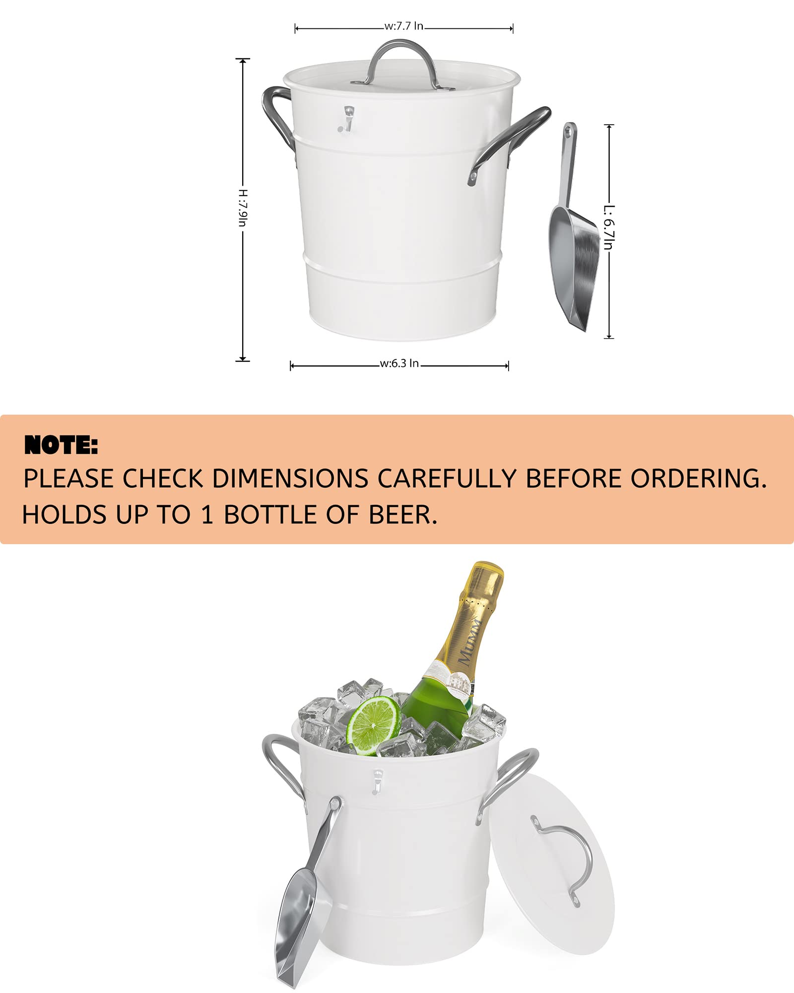 LF Likefair Double Wall Ice Bucket with Lid and Spade,4.2Quart/4Liter Galvanized Ice Buckets for Beer,Ice,Wine,Champagne,Parties,Outdoor,Picnic,Bar (Cream White)