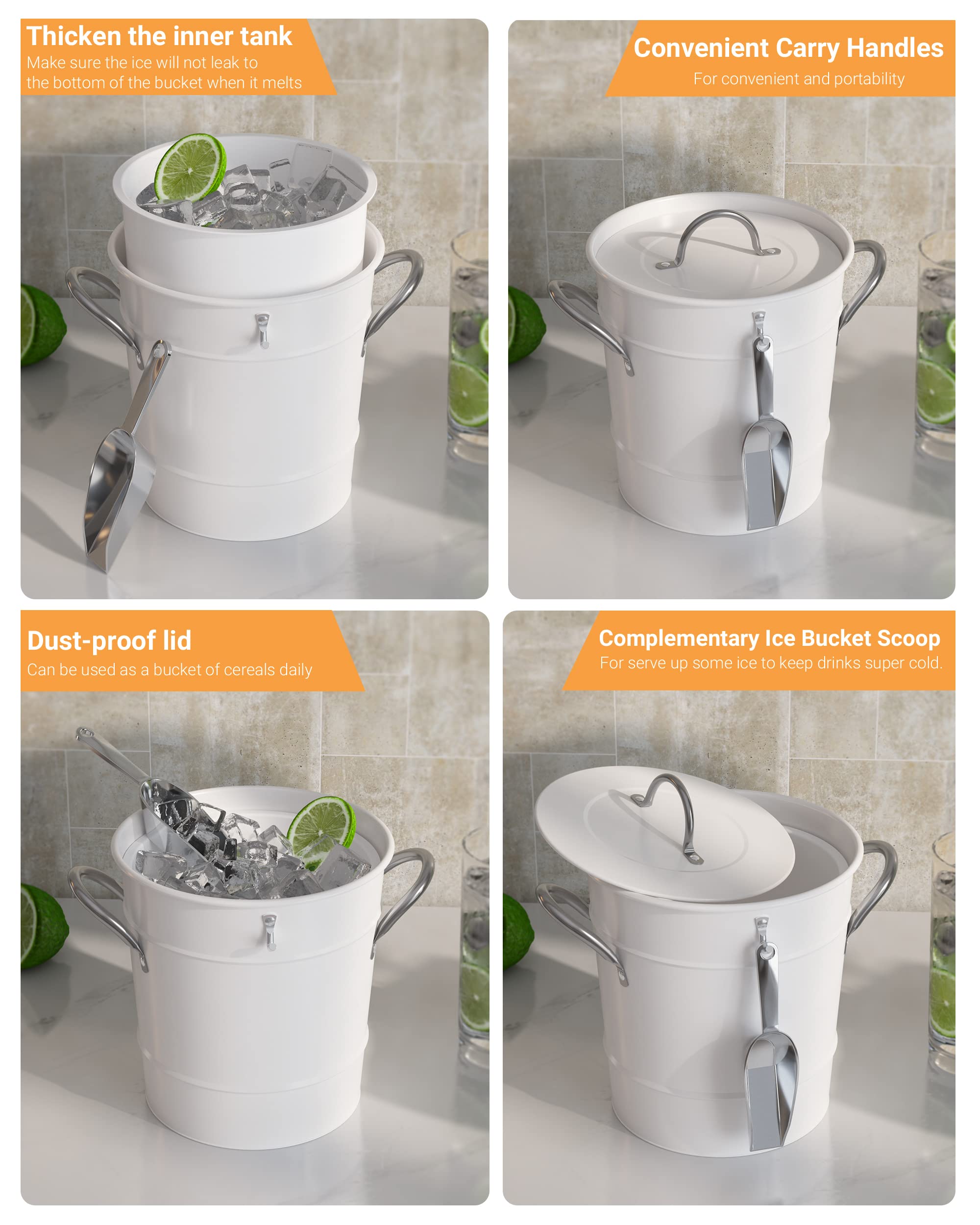 LF Likefair Double Wall Ice Bucket with Lid and Spade,4.2Quart/4Liter Galvanized Ice Buckets for Beer,Ice,Wine,Champagne,Parties,Outdoor,Picnic,Bar (Cream White)