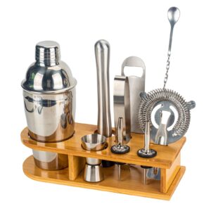cocktail shaker set bartender kit - 10-piece bar tool set with bamboo stand for drink mixing, perfect drink mixer for cocktail bartending kit for bar, home, lounge & party