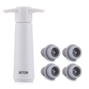 wotor wine saver pump with 4 vacuum stoppers, wine stopper, wine preserver, reusable bottle sealer keeps wine fresh, white (wine pump + 4 stoppers)