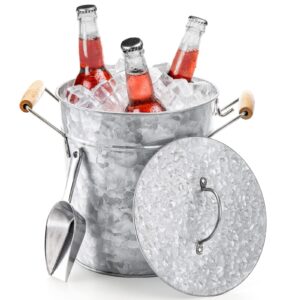 frcctre farmhouse 4 liter ice bucket with lid, galvanized metal beverage tub with scoop and handles, drink and wine chiller for bar, party, bbq, great for indoor and outdoor use