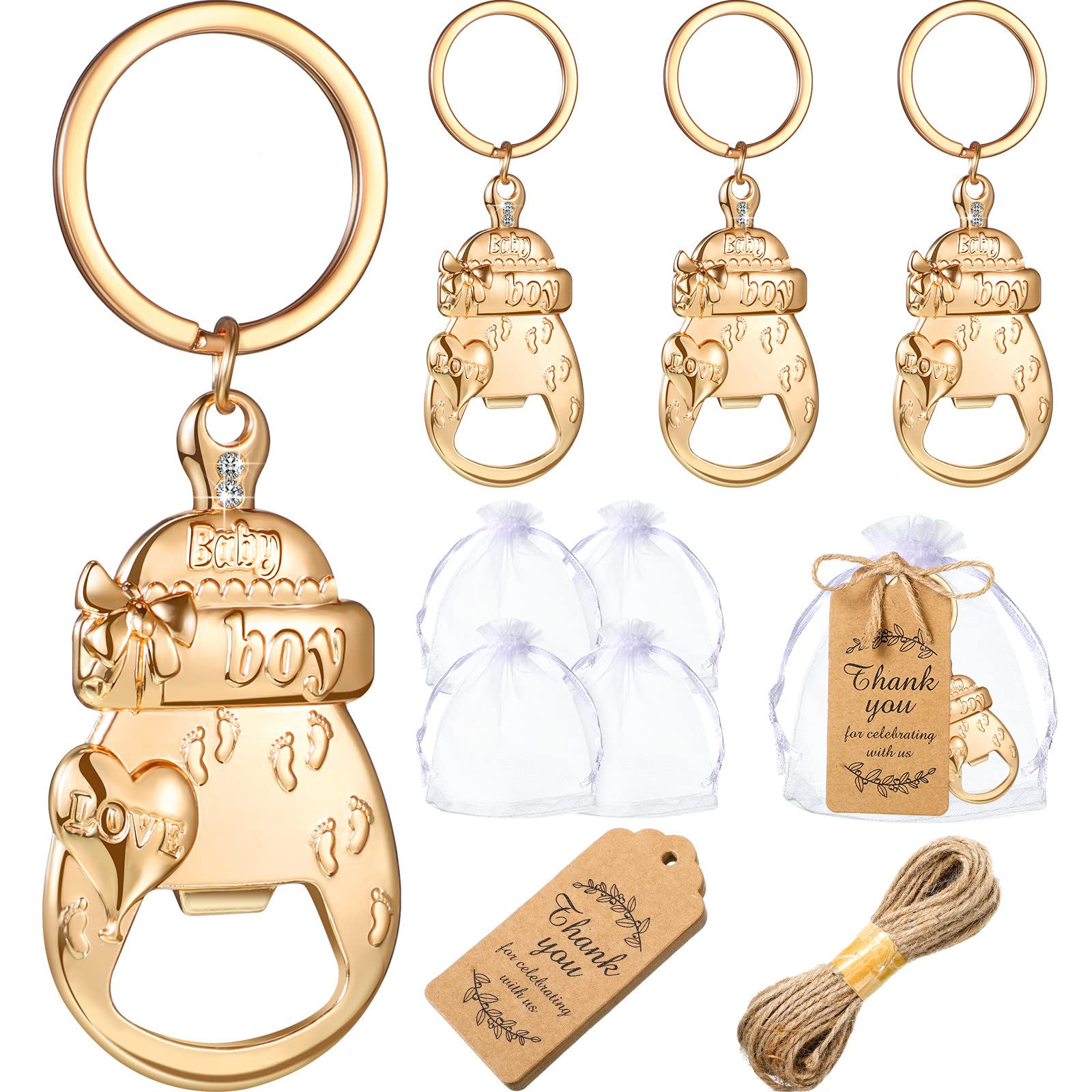 30 Sets Boy Baby Bottle Opener Baby Shower Party Favor with 30 White Organza Bags and 30 Thank You Cards Cute Baby Shower Return Gifts for Guest Wedding Souvenir Kids Birthday Party Supplies, Gold