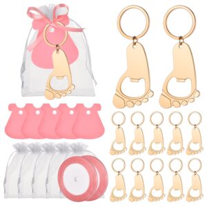 ykligtn 50 pieces baby footprint keycahin bottle openers baby boy or girl shower decarotions party favors，gifts or souvenirs for guests bulk with diy tags and white organza bags game gifts (pinkl)