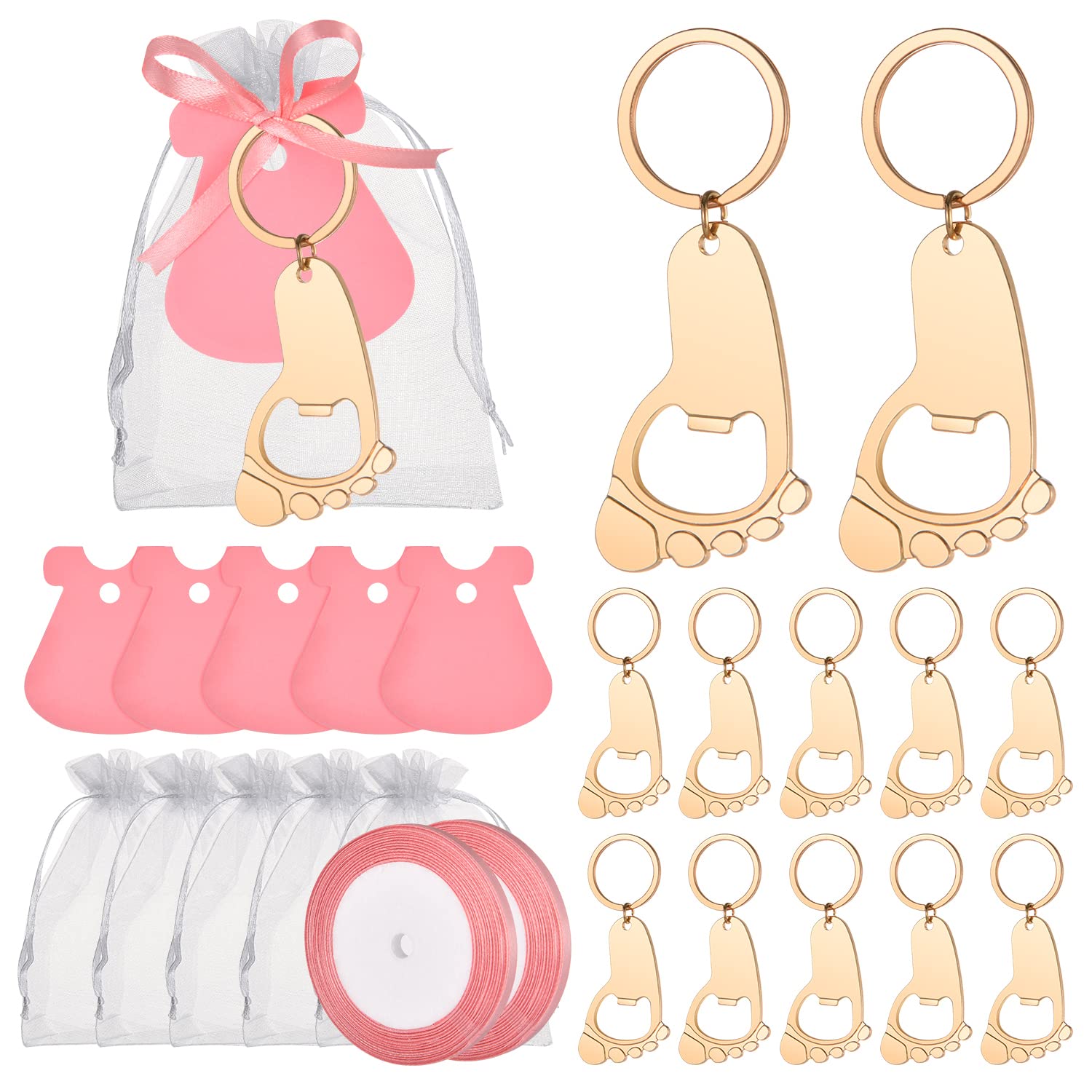 YKLIGTN 50 Pieces Baby Footprint Keycahin Bottle Openers Baby Boy or Girl Shower Decarotions Party Favors，Gifts or Souvenirs for Guests Bulk with DIY Tags and White Organza Bags Game Gifts (Pinkl)