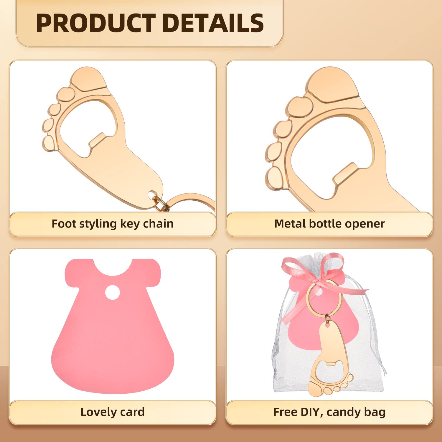 YKLIGTN 50 Pieces Baby Footprint Keycahin Bottle Openers Baby Boy or Girl Shower Decarotions Party Favors，Gifts or Souvenirs for Guests Bulk with DIY Tags and White Organza Bags Game Gifts (Pinkl)