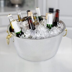 Insulated Metal Ice Bucket for Parties & Gifts- Double-Walled Hammered Stainless Steel Anchored Beverage Tub/Ice Bucket for Parties, Weddings, with Double-Hinged Gold Handles