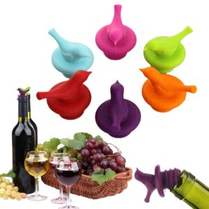 Little Bird Wine Bottle Stopper Colorful Reusable Silicone Wine Bottle Stopper, Decorate Wine Outlet Cap, Cute Wine Toppers for Preserver(Assorted Color, Set of 6)