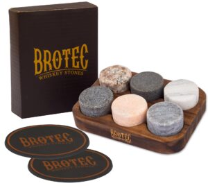 whiskey stones gift set - 6 granite round beverage chilling drinking stones whiskey rocks with 2 extra whisky glasses coasters - premium sipping rocks in elegant wooden storage tray - bar accessories